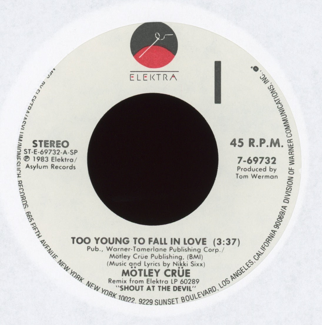 Mötley Crüe - Too Young To Fall In Love (Remix) on Elektra With Picture Sleeve