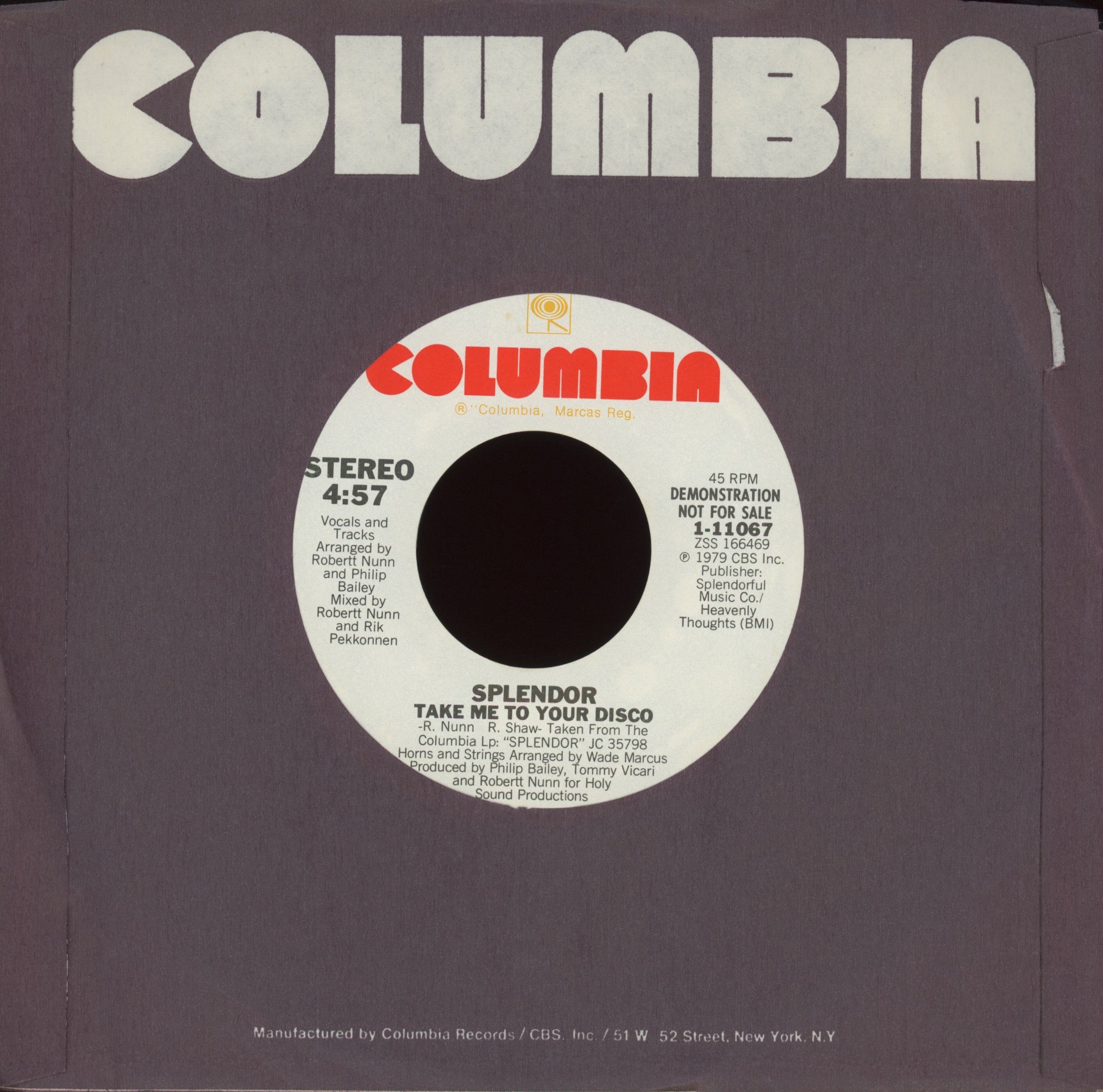 Splendor - Take Me To Your Disco on Columbia Promo