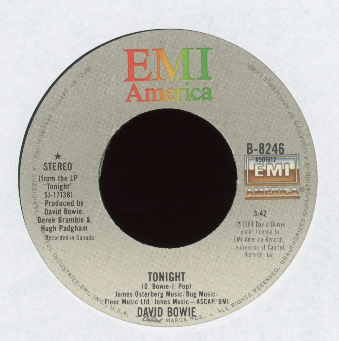 David Bowie - Tonight on EMI America With Poster Sleeve