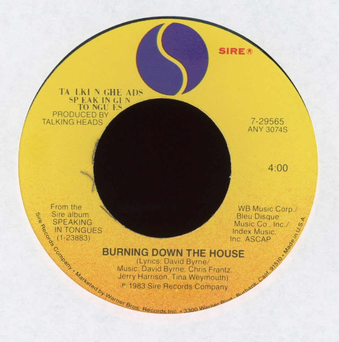 Talking Heads - Burning Down The House on Sire With Picture Sleeve
