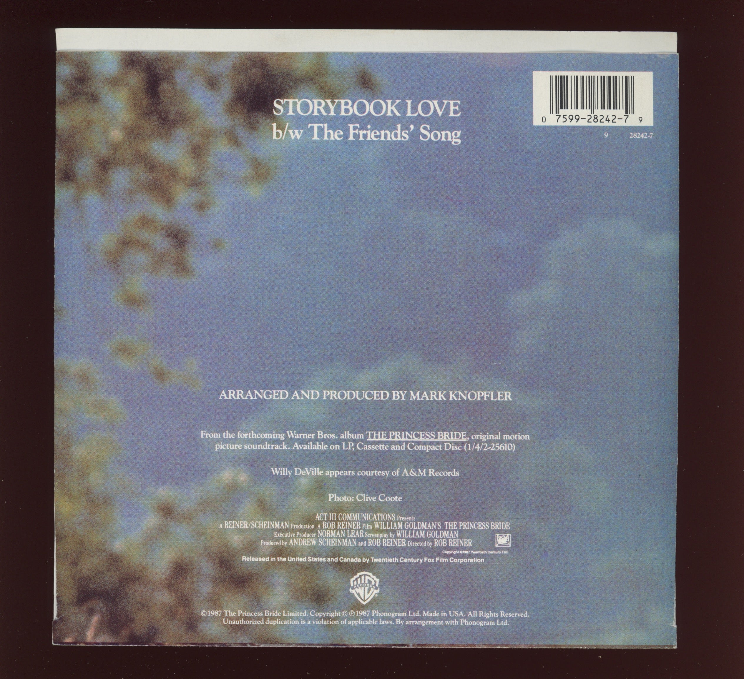 Mark Knopfler & Willy DeVille - Storybook Love (Theme From The Princess Bride) on WB With Picture Sleeve