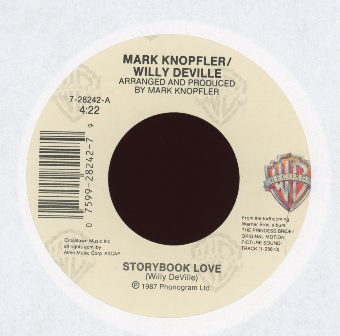Mark Knopfler & Willy DeVille - Storybook Love (Theme From The Princess Bride) on WB With Picture Sleeve