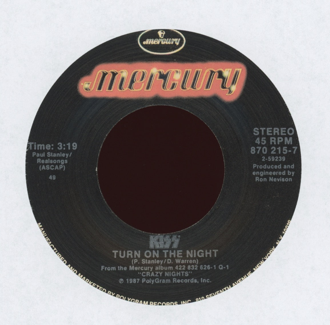 Kiss - Turn On The Night on Mercury With Picture Sleeve