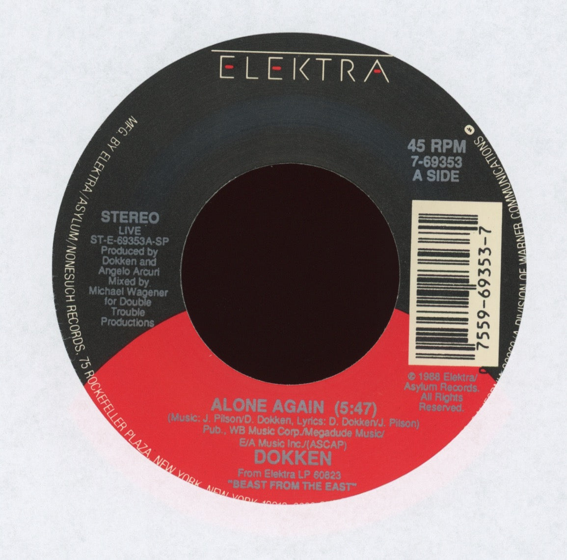 Dokken - Alone Again (Live) on Elektra With Picture Sleeve