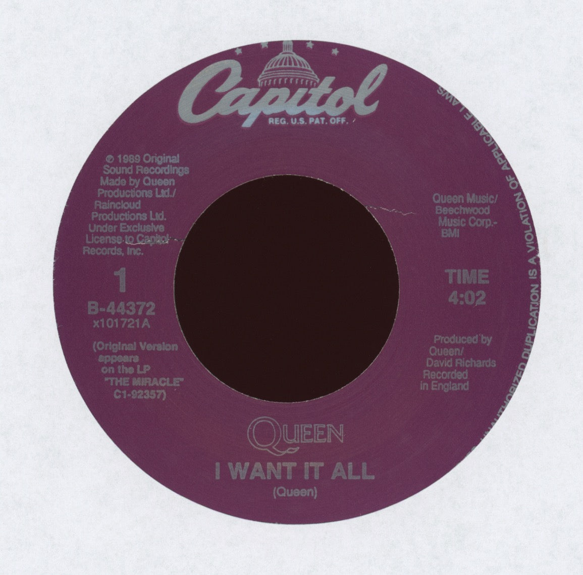 Queen - I Want It All on Capitol With Picture Sleeve