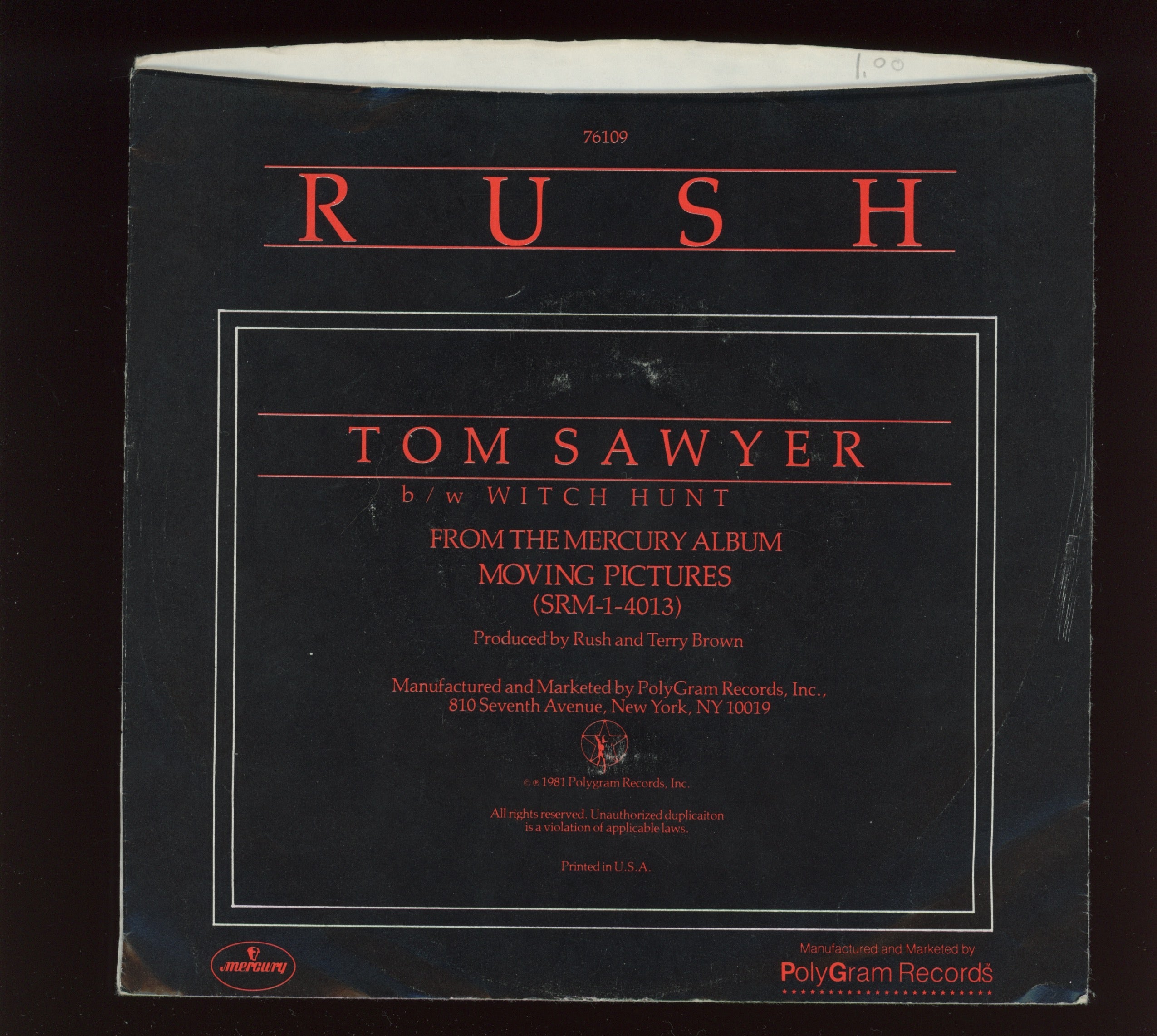 Rush - Tom Sawyer on Mercury With Picture Sleeve