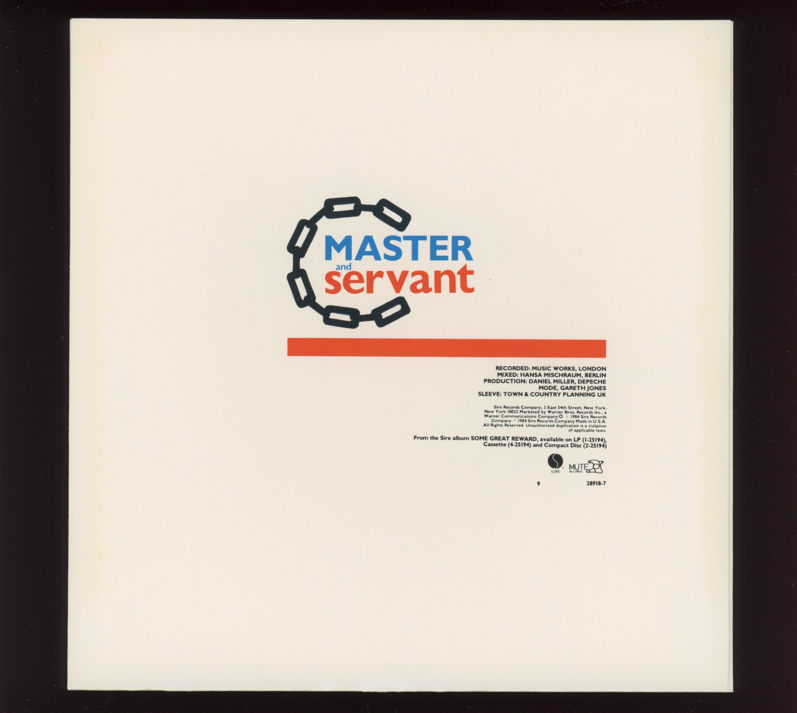 Depeche Mode - Master And Servant on Sire With Picture Sleeve