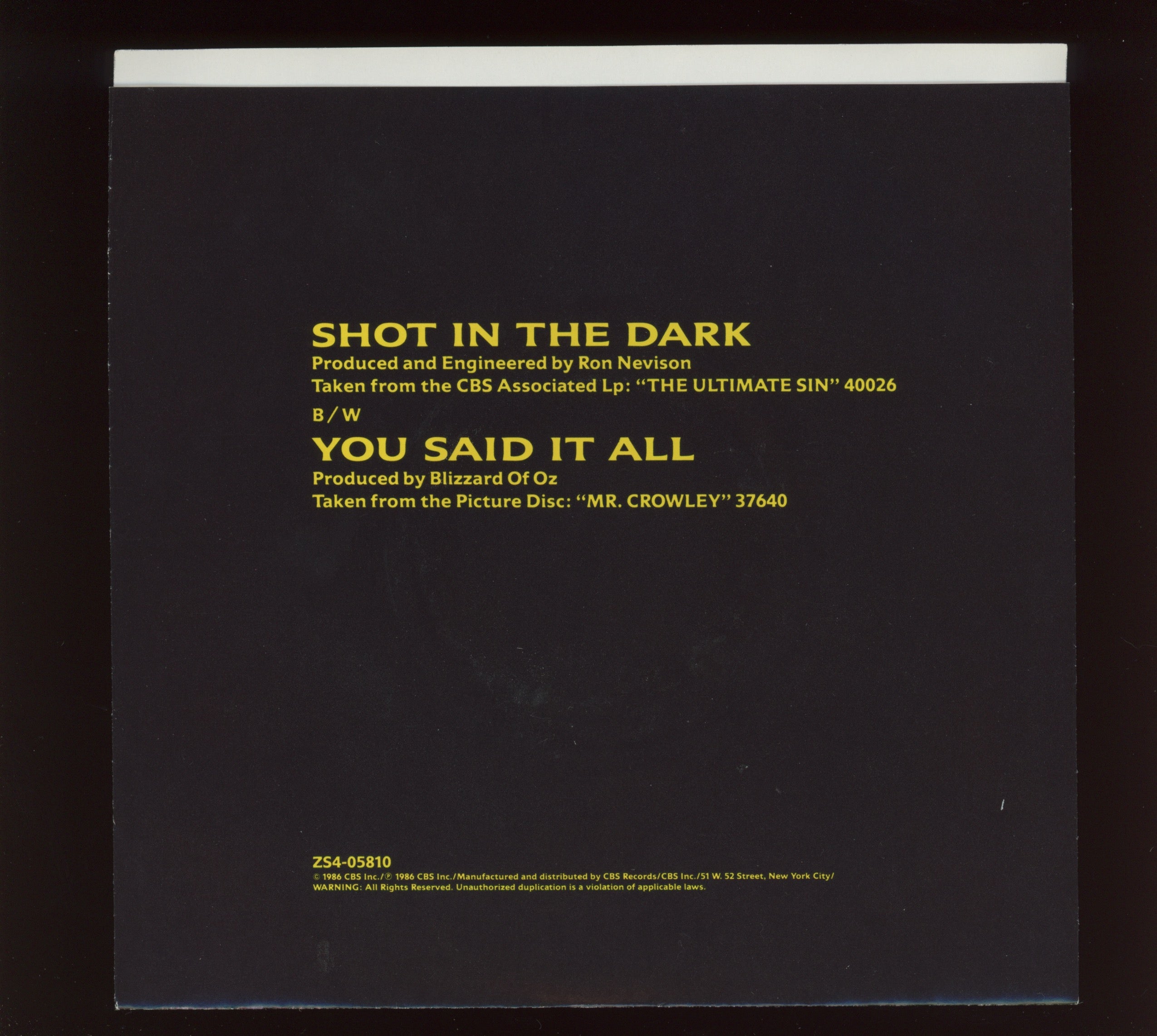 Ozzy Osbourne - Shot In The Dark on CBS Associated With Picture Sleeve