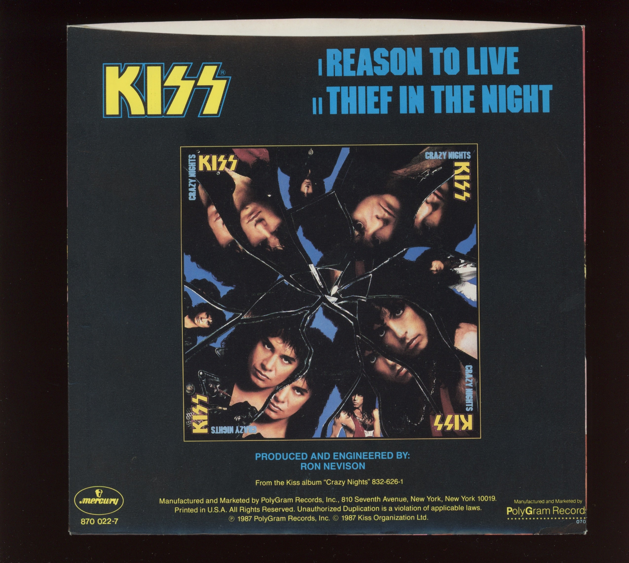 Kiss - Reason To Live on Mercury With Picture Sleeve