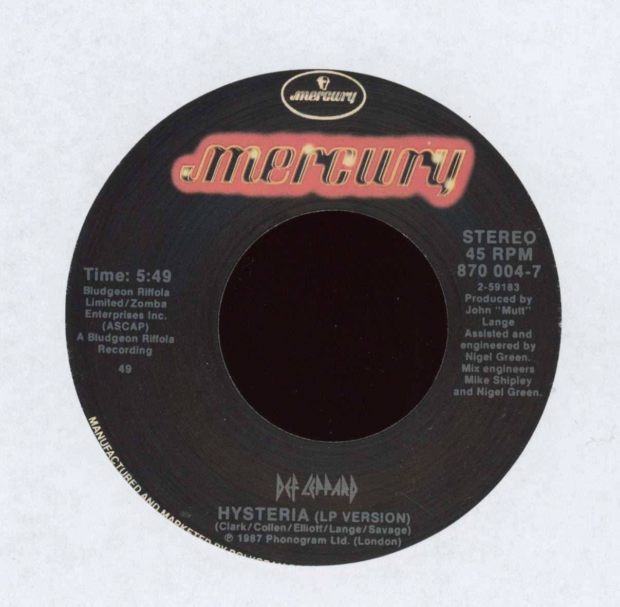 Def Leppard - Hysteria on Mercury With Picture Sleeve