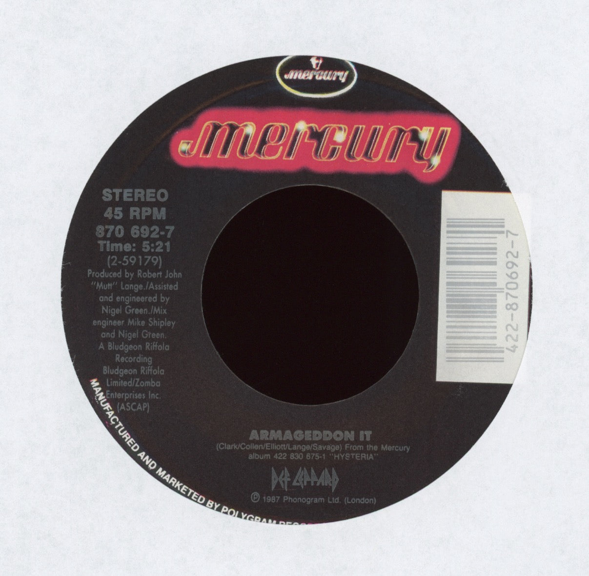 Def Leppard - Armageddon It! on Mercury With Picture Sleeve