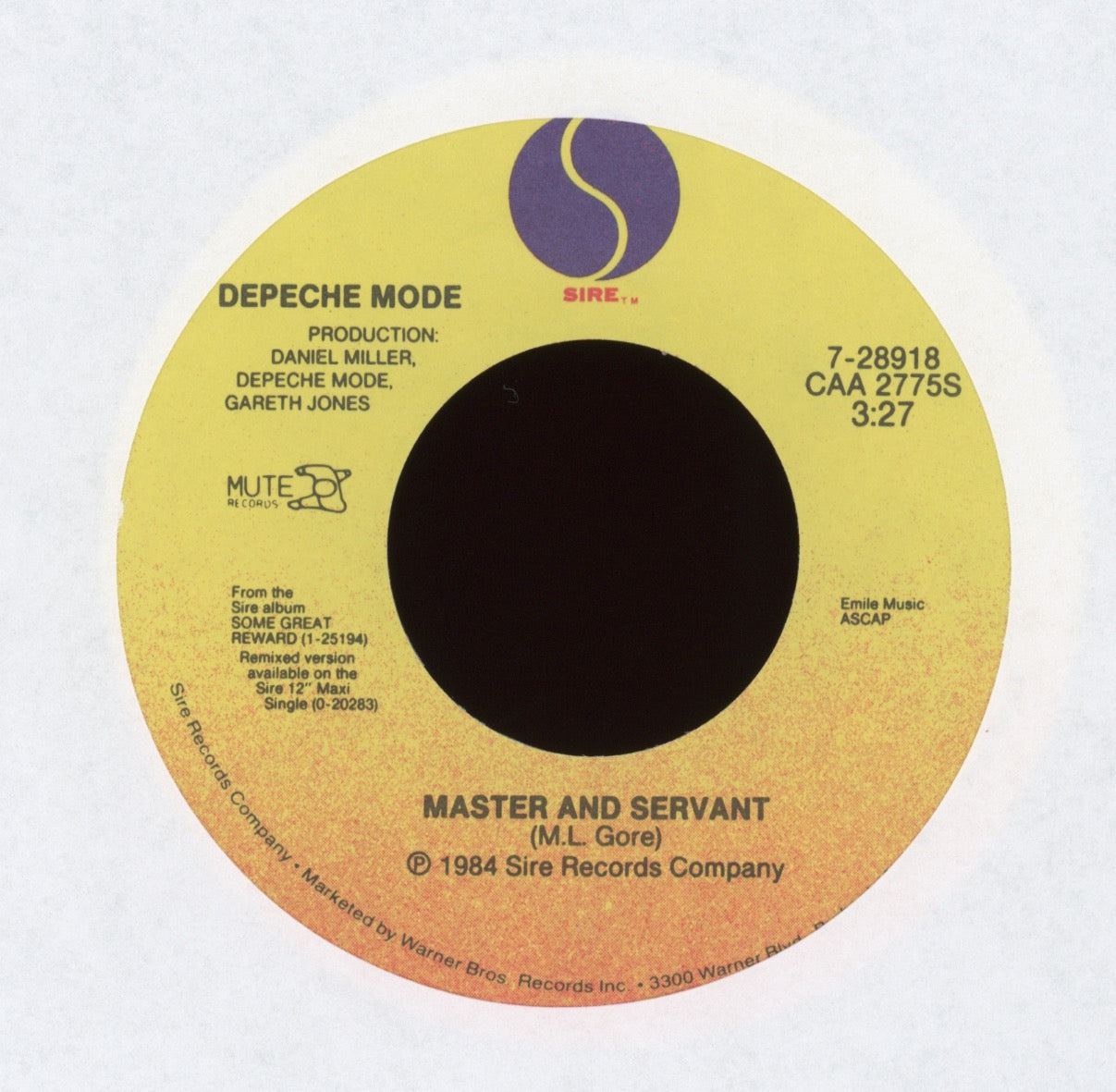Depeche Mode - Master And Servant on Sire With Picture Sleeve