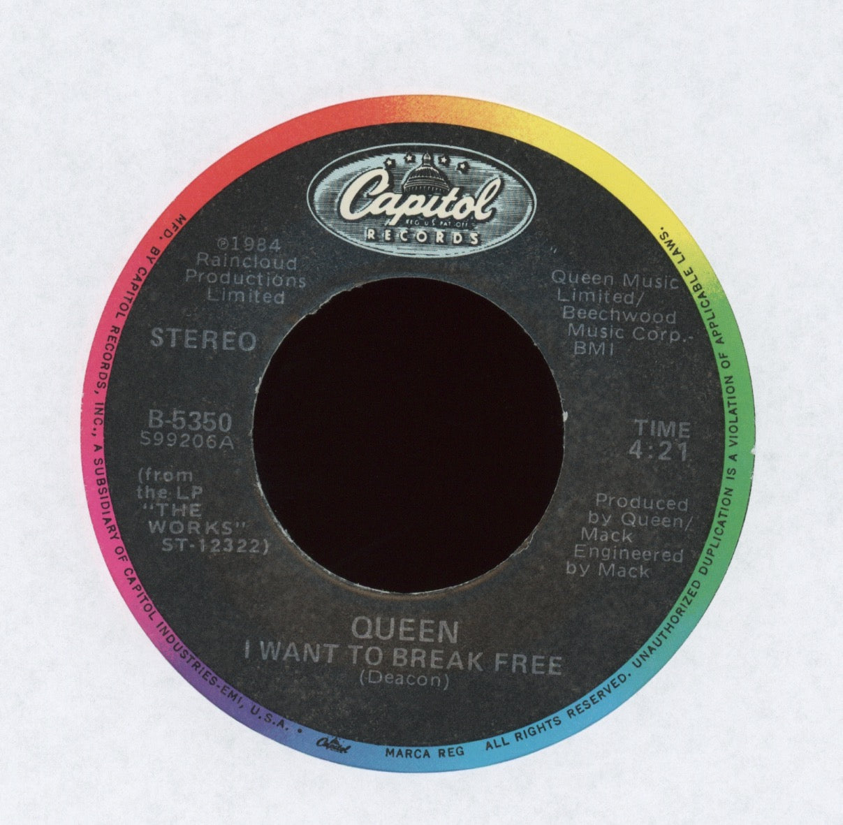 Queen - I Want To Break Free on Capitol With Picture Sleeve John Deacon