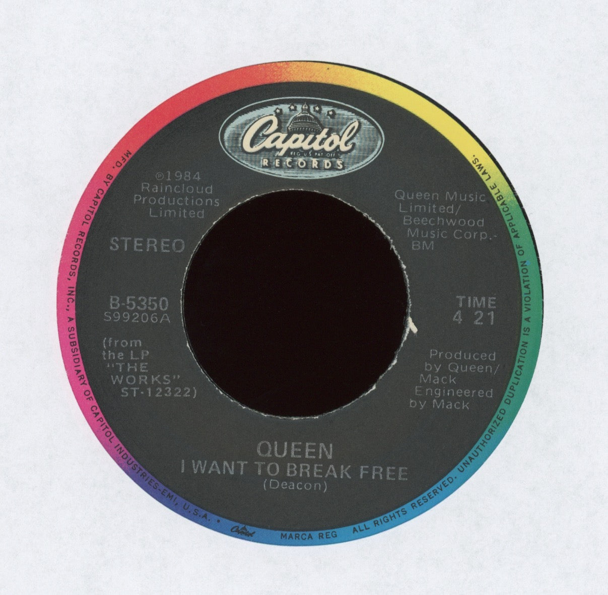 Queen - I Want To Break Free on Capitol With Picture Sleeve Freddie Mercury
