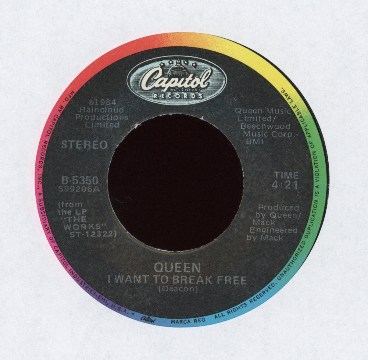 Queen - I Want To Break Free on Capitol With Picture Sleeve Roger Taylor