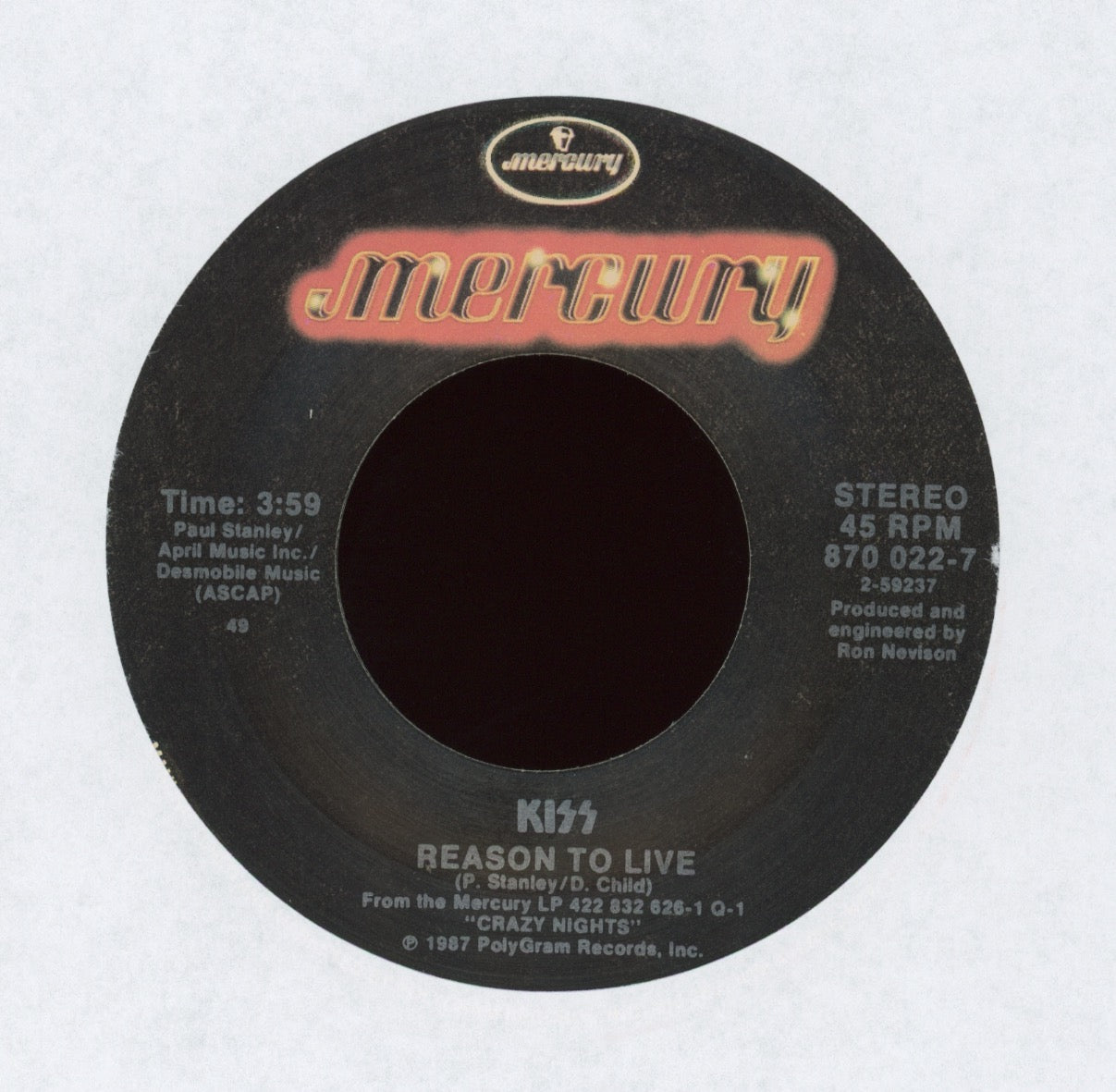 Kiss - Reason To Live on Mercury With Picture Sleeve