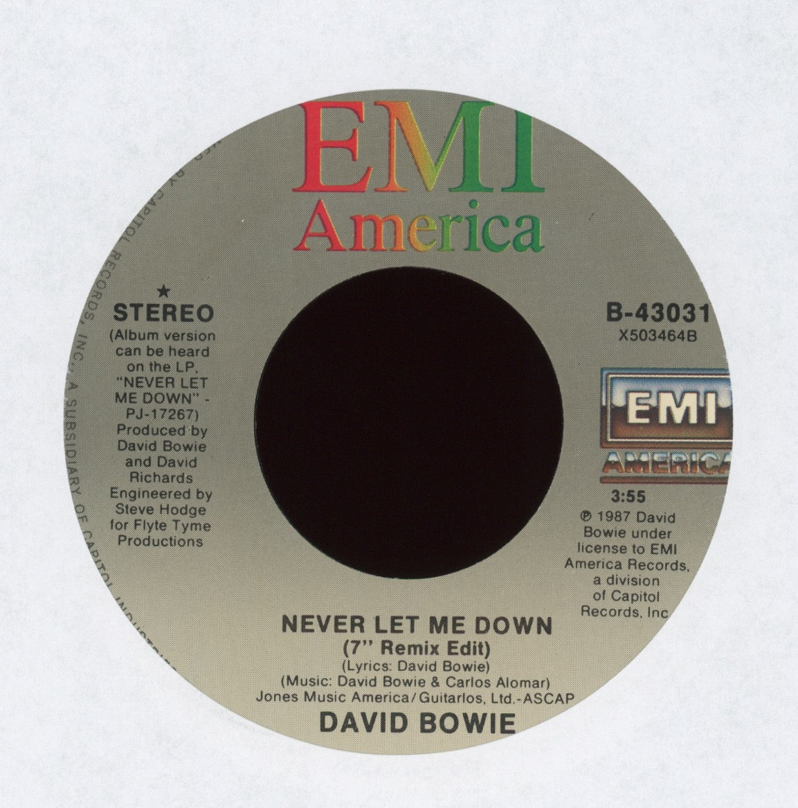 David Bowie - Never Let Me Down (Single Version) on EMI America With Picture Sleeve