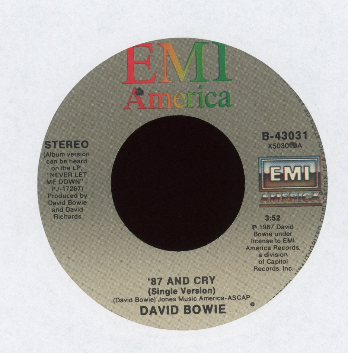 David Bowie - Never Let Me Down (Single Version) on EMI America With Picture Sleeve