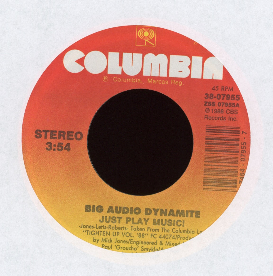 Big Audio Dynamite - Just Play Music! on Columbia With Picture Sleeve