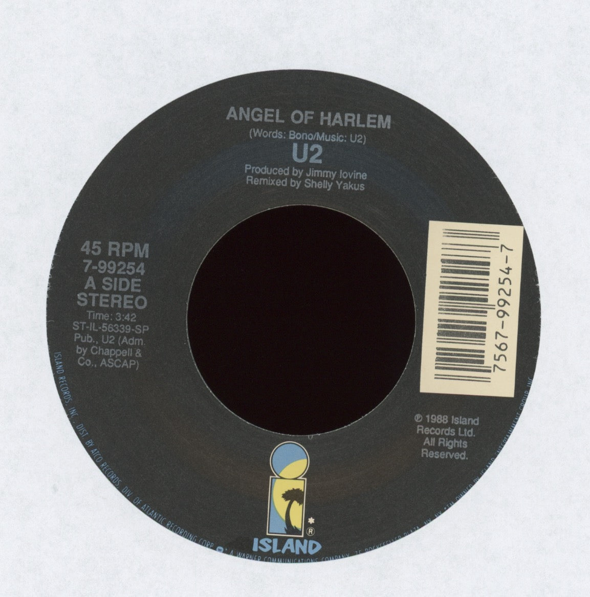 U2 - Angel Of Harlem on Island With Picture Sleeve