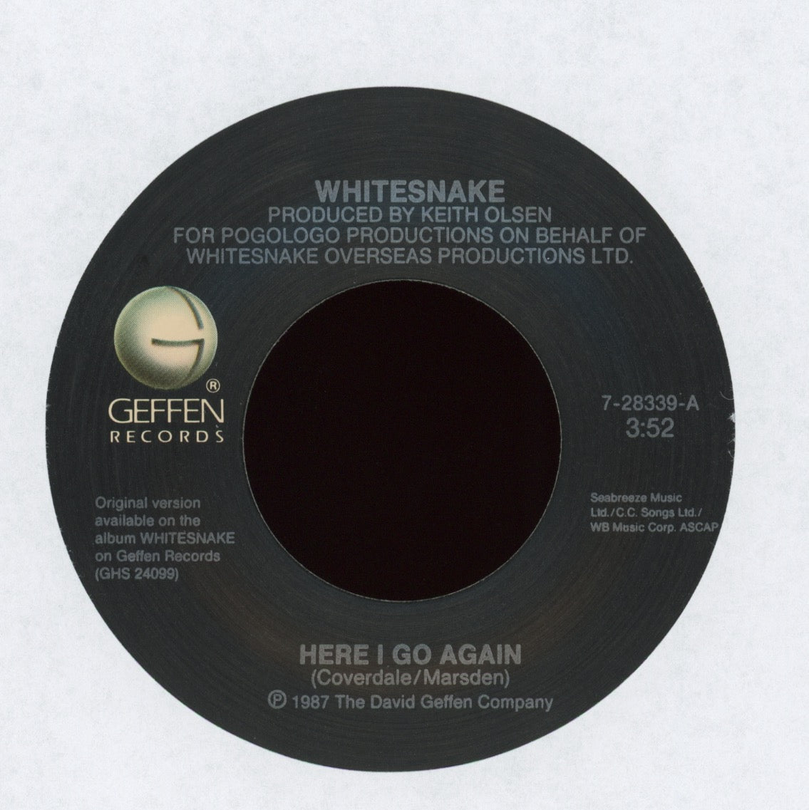 Whitesnake - Here I Go Again on Geffen With Picture Sleeve