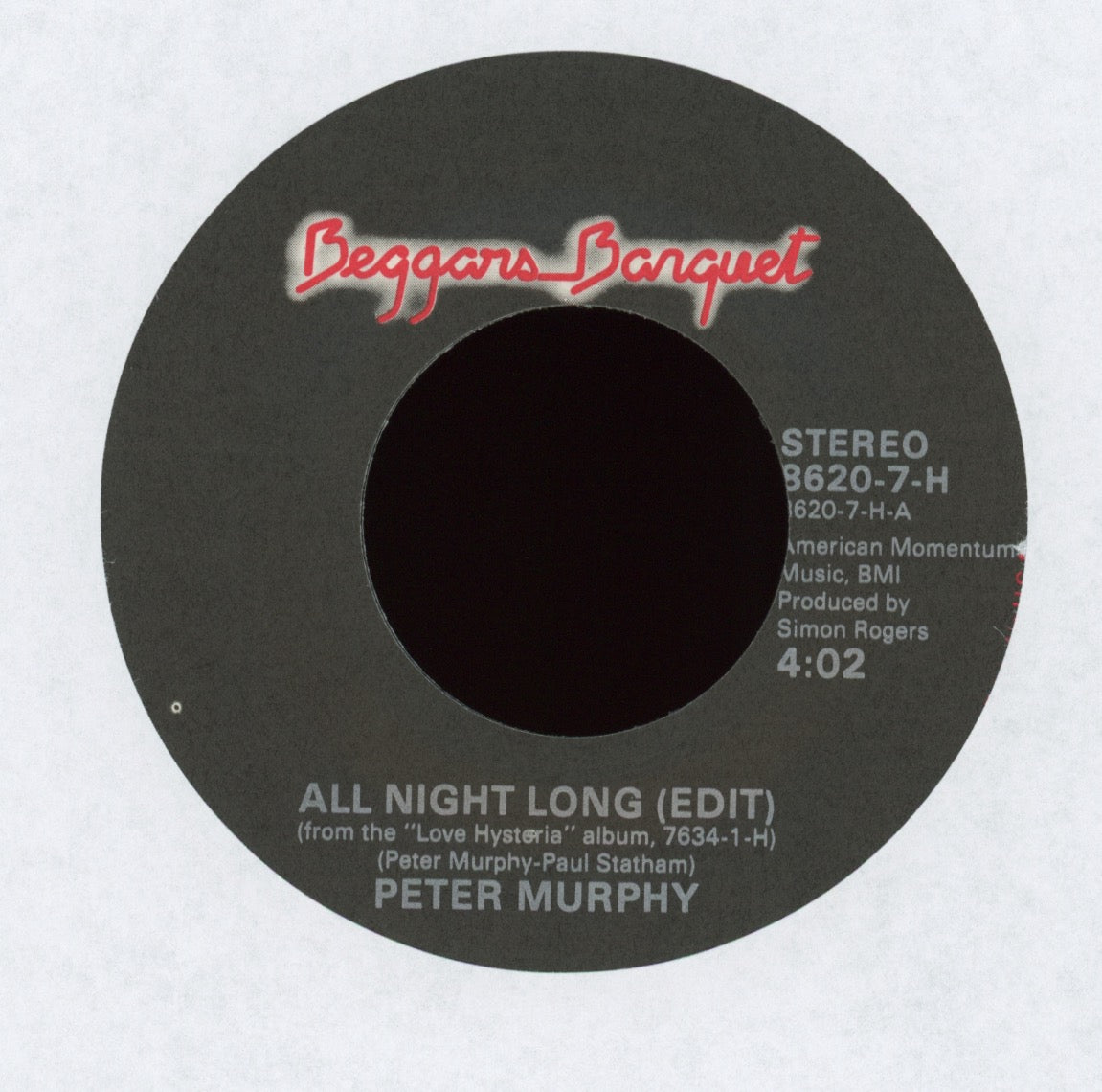 Peter Murphy - All Night Long on Beggars Banquet With Picture Sleeve