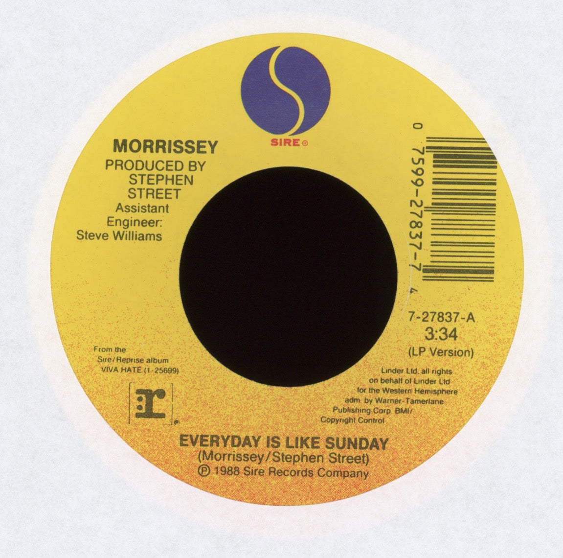 Morrissey - Everyday Is Like Sunday on Sire With Picture Sleeve