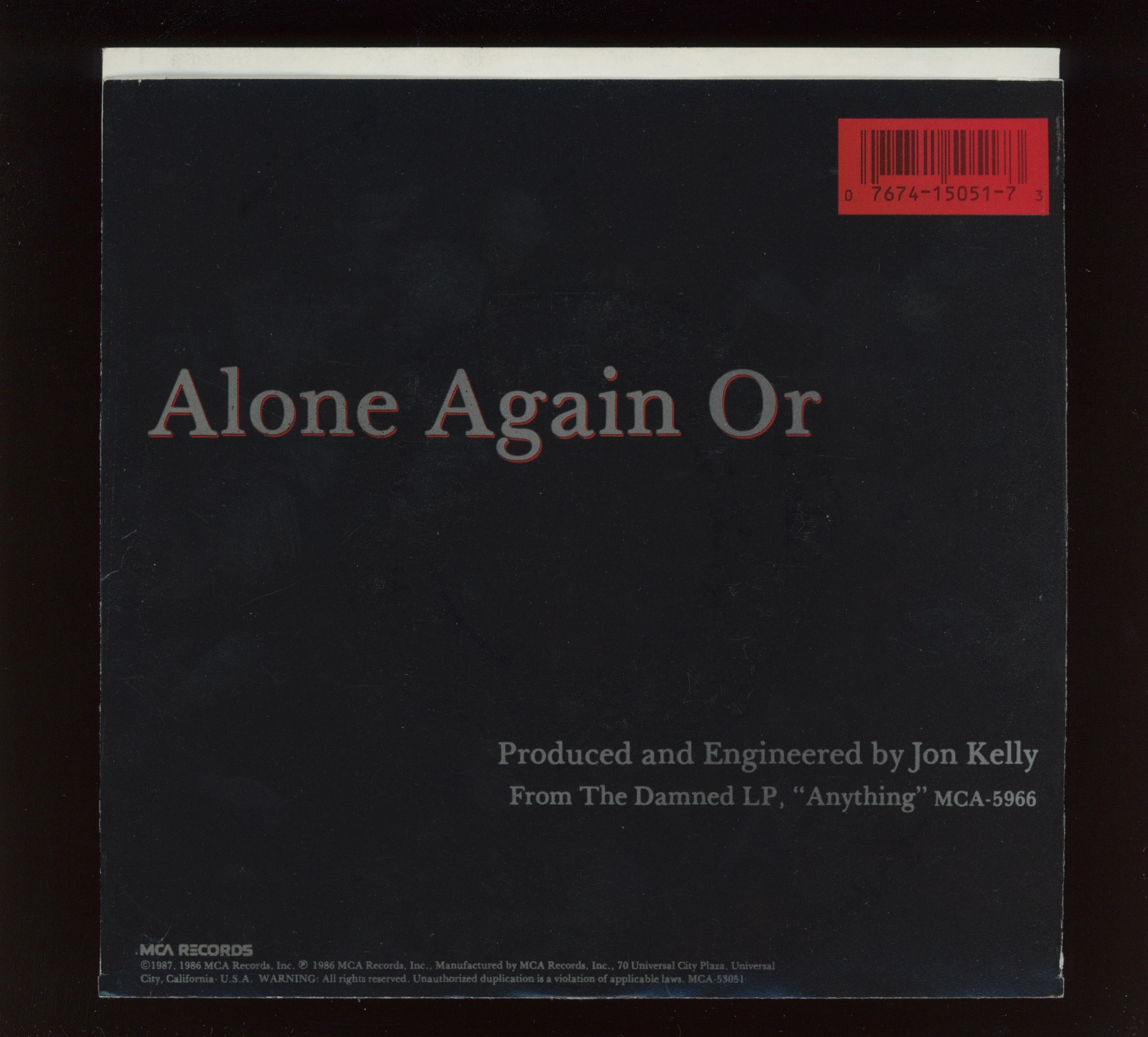 The Damned - Alone Again Or on MCA With Picture Sleeve