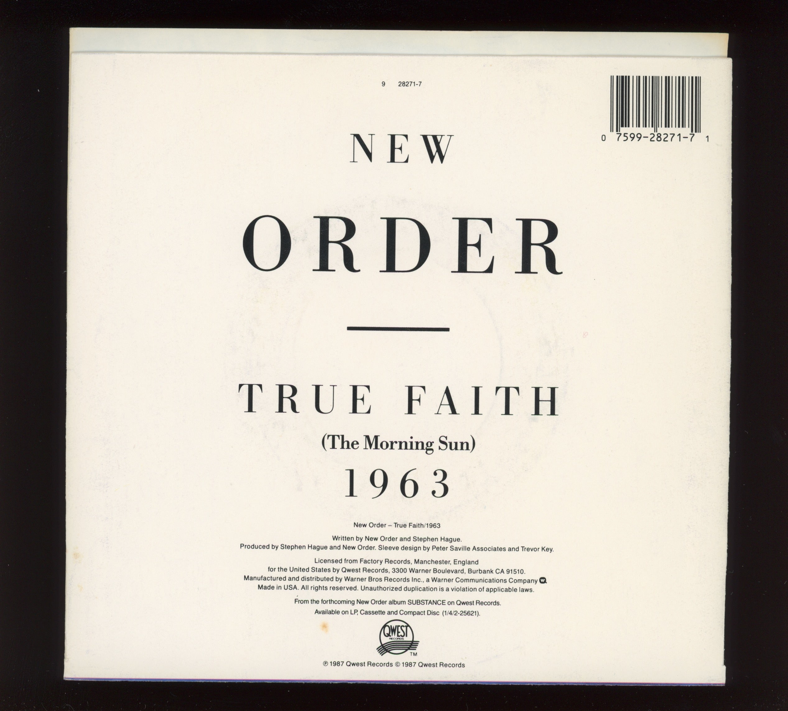 New Order - True Faith / 1963 on Qwest With Picture Sleeve