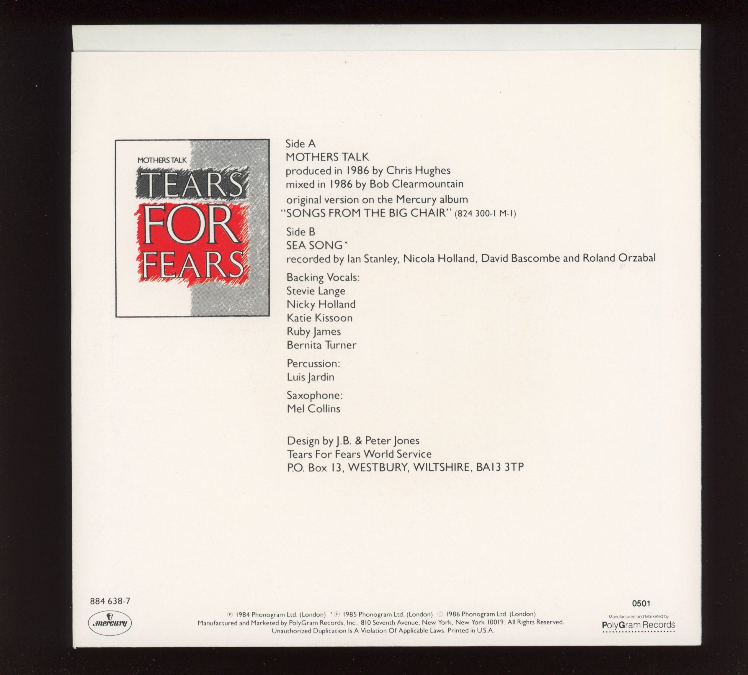 Tears For Fears - Mothers Talk on Mercury With Picture Sleeve