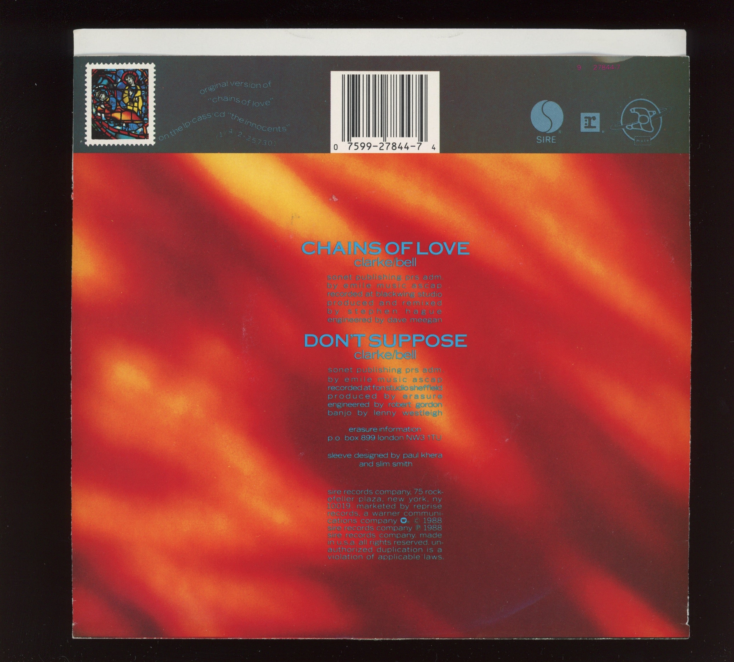 Erasure - Chains Of Love on Sire With Picture Sleeve