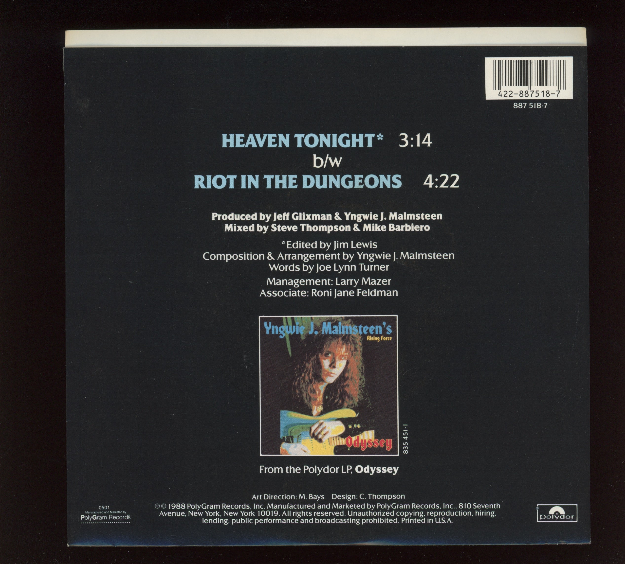 Yngwie J. Malmsteen's Rising Force - Heaven Tonight on Polydor With Picture Sleeve