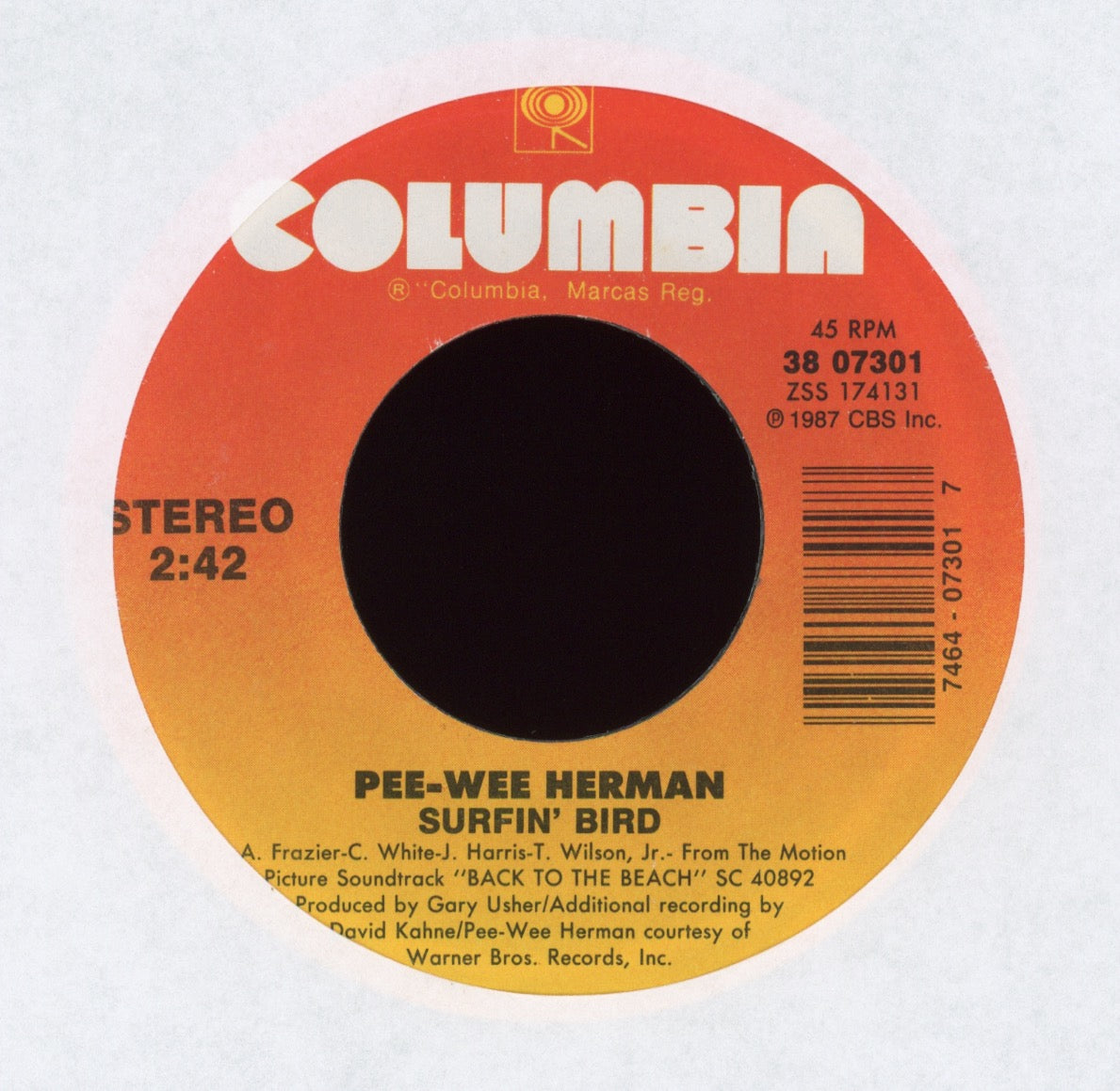 Pee Wee Herman - Surfin' Bird on Columbia With Picture Sleeve