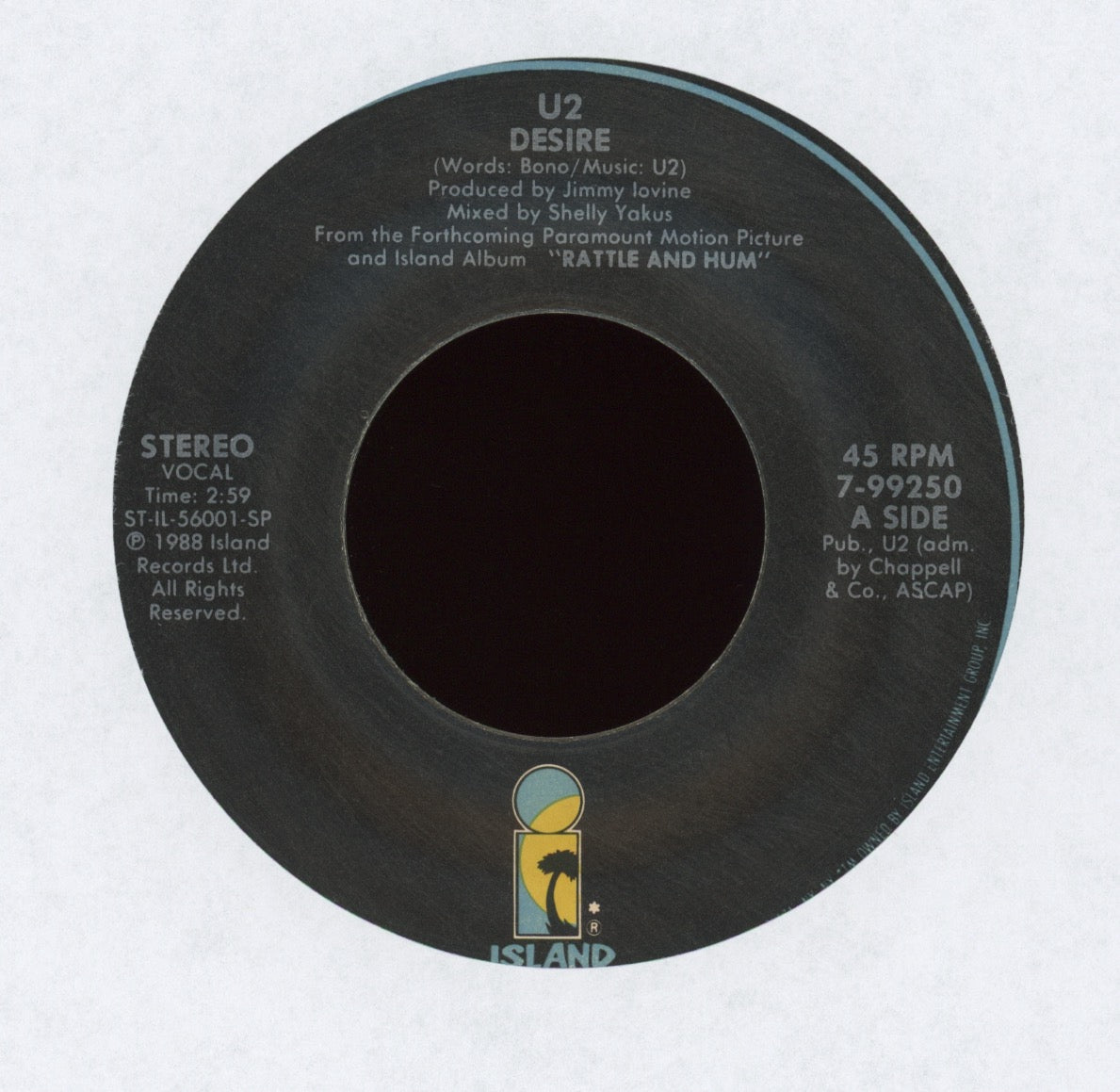 U2 - Desire on Island With Picture Sleeve Non Gatefold