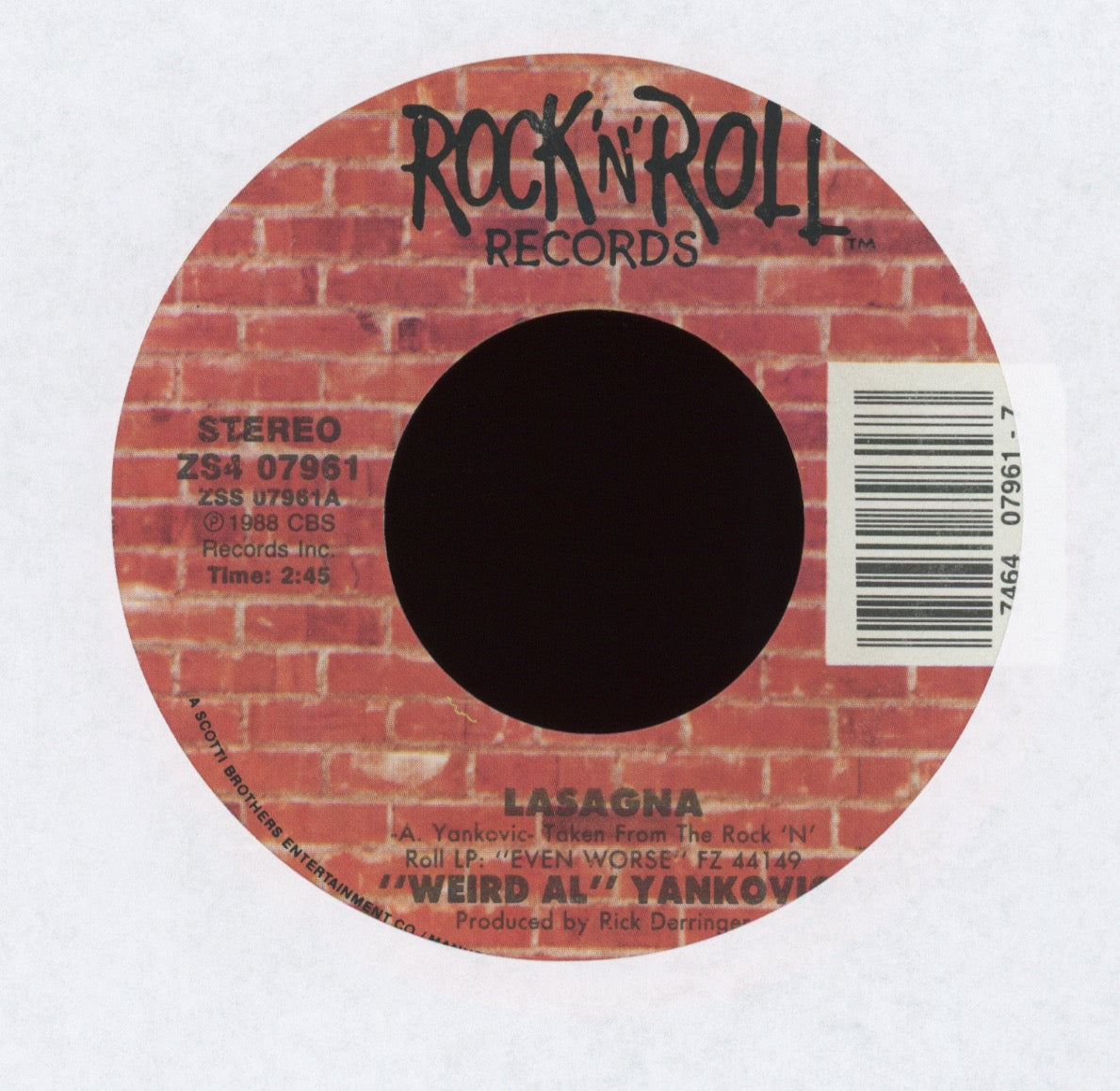 "Weird Al" Yankovic - Lasagna on Rock 'n' Roll With Picture Sleeve