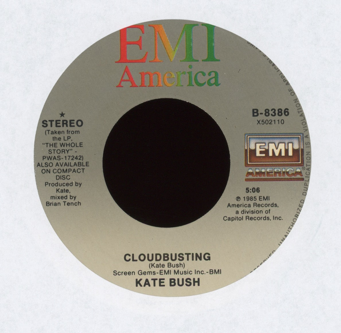 Kate Bush - Cloudbusting on EMI America With Picture Sleeve
