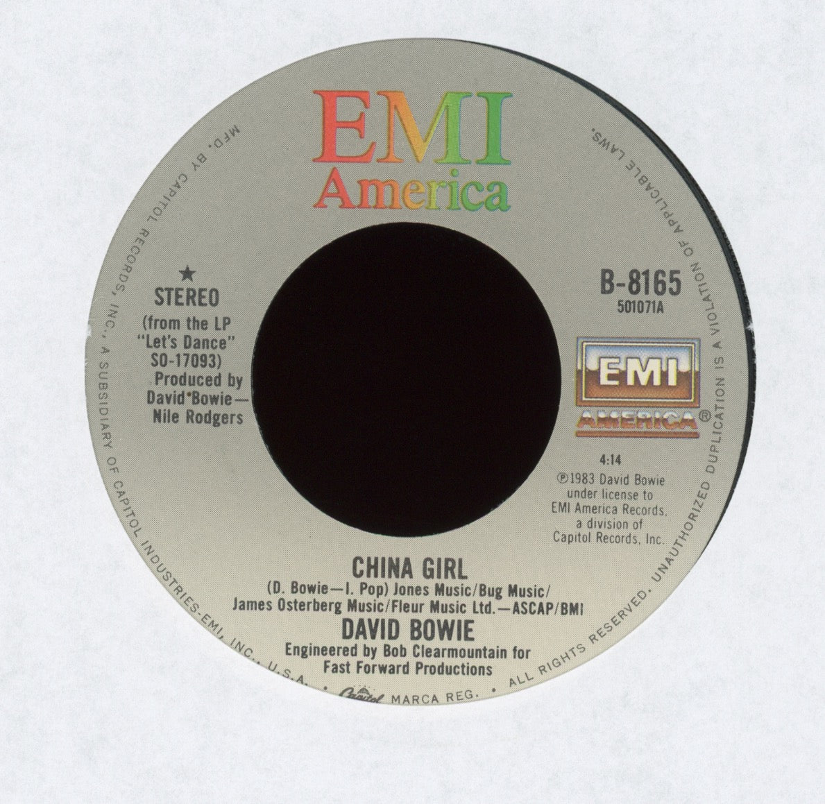 David Bowie - China Girl on EMI America With Picture Sleeve