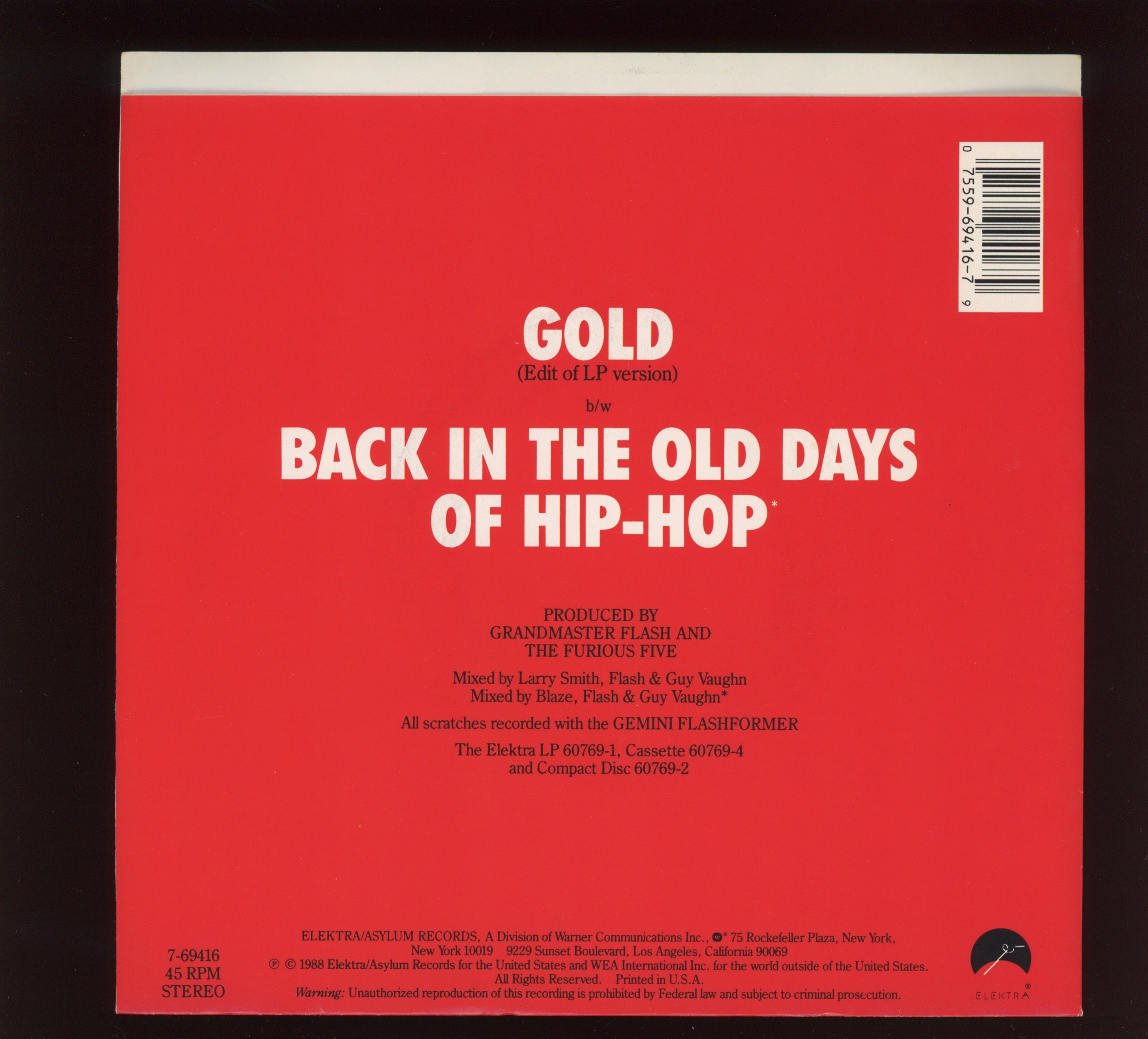 Grandmaster Flash & The Furious Five - Gold on Elektra With Picture Sleeve