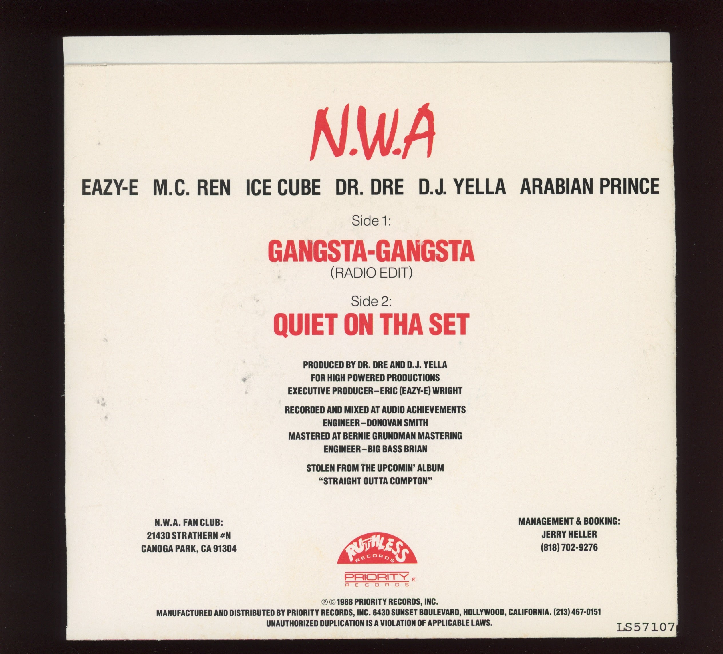 N.W.A. - Gangsta Gangsta / Quiet On Tha Set on Ruthless With Picture Sleeve
