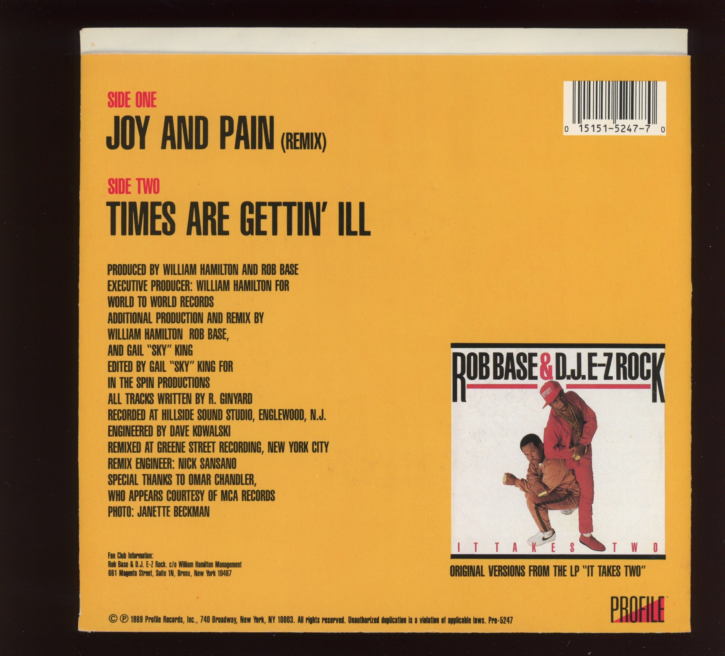 Rob Base & DJ E-Z Rock - Joy And Pain (Remix) on Profile With Picture Sleeve