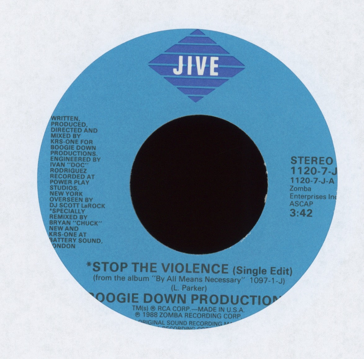 Boogie Down Productions - Stop The Violence on Jive With Picture Sleeve