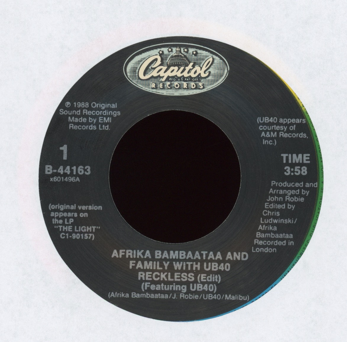 Afrika Bambaataa & Family With UB40 - Reckless on Capitol With Picture Sleeve