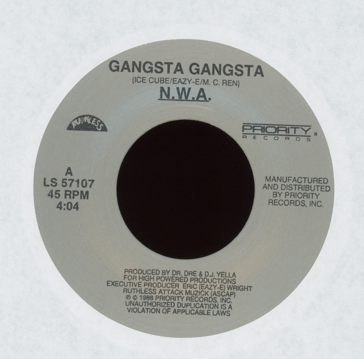 N.W.A. - Gangsta Gangsta / Quiet On Tha Set on Ruthless With Picture Sleeve