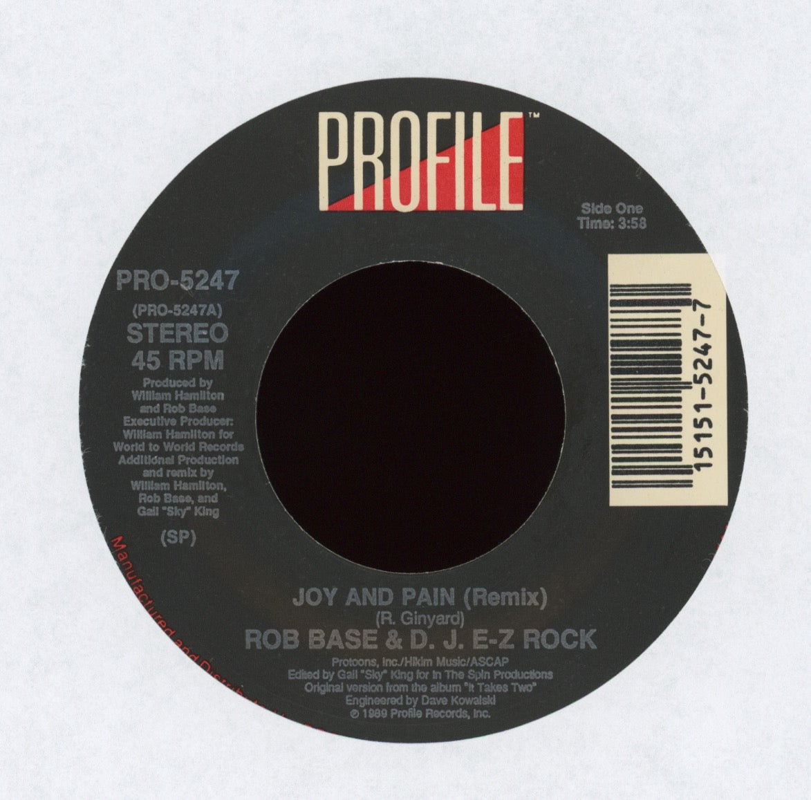 Rob Base & DJ E-Z Rock - Joy And Pain (Remix) on Profile With Picture Sleeve