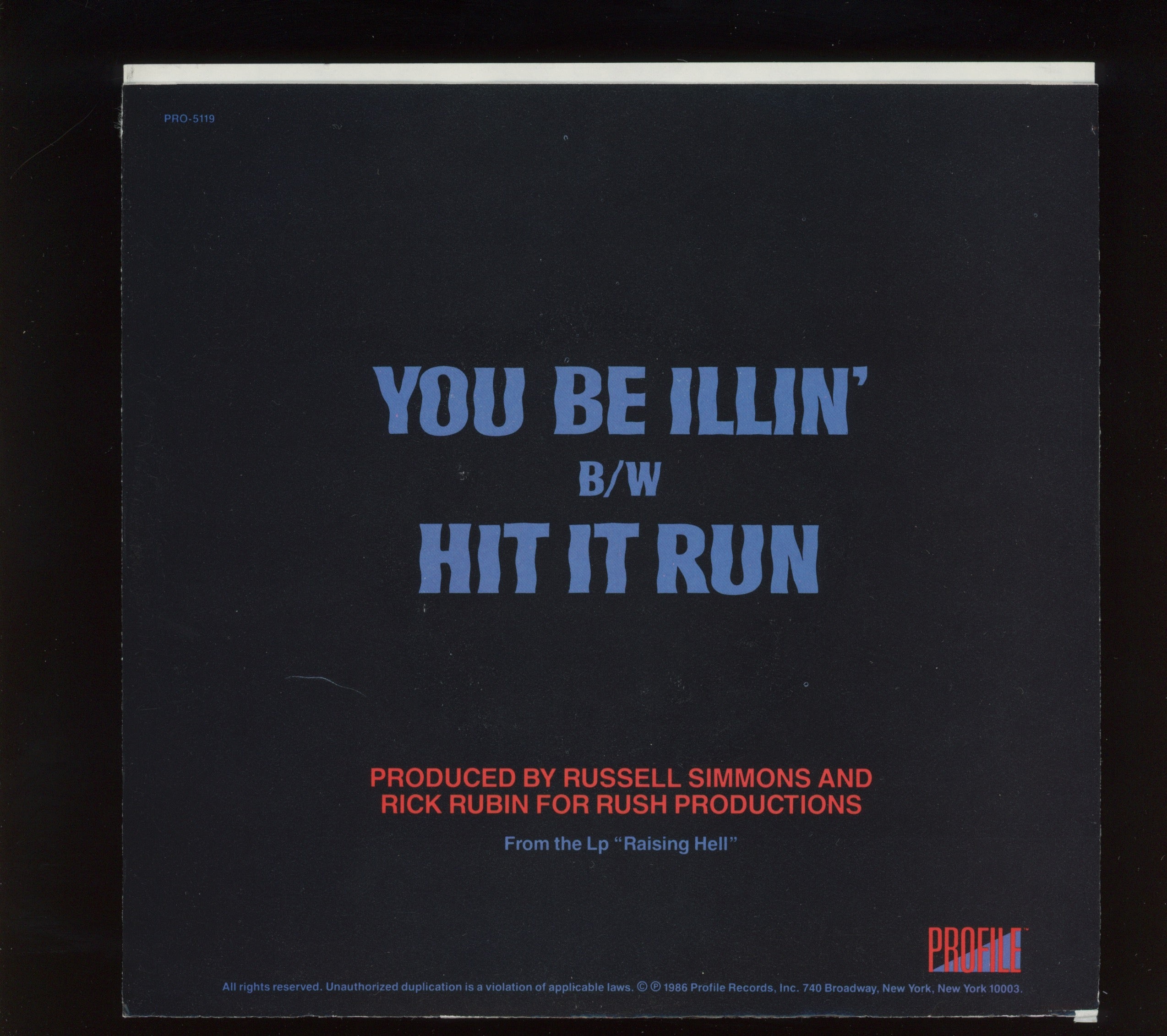 Run-DMC - You Be Illin' on Profile With Picture Sleeve