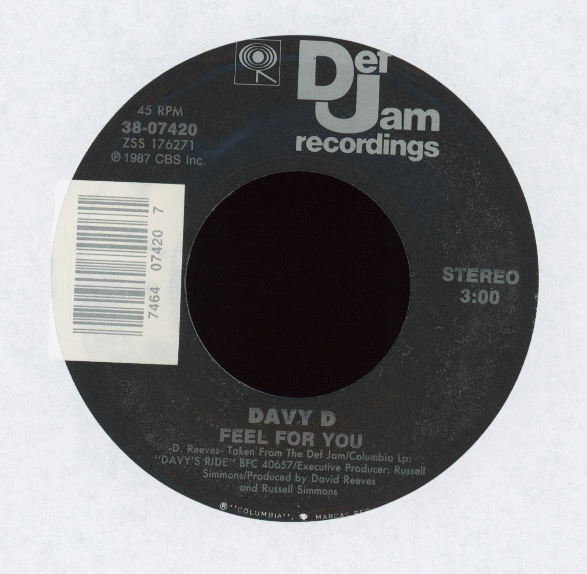 Davy D - Feel For You / Davy's Ride on Def Jam With Picture Sleeve