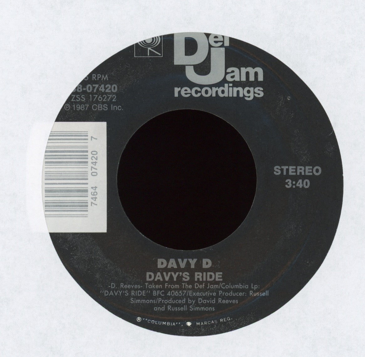 Davy D - Feel For You / Davy's Ride on Def Jam With Picture Sleeve