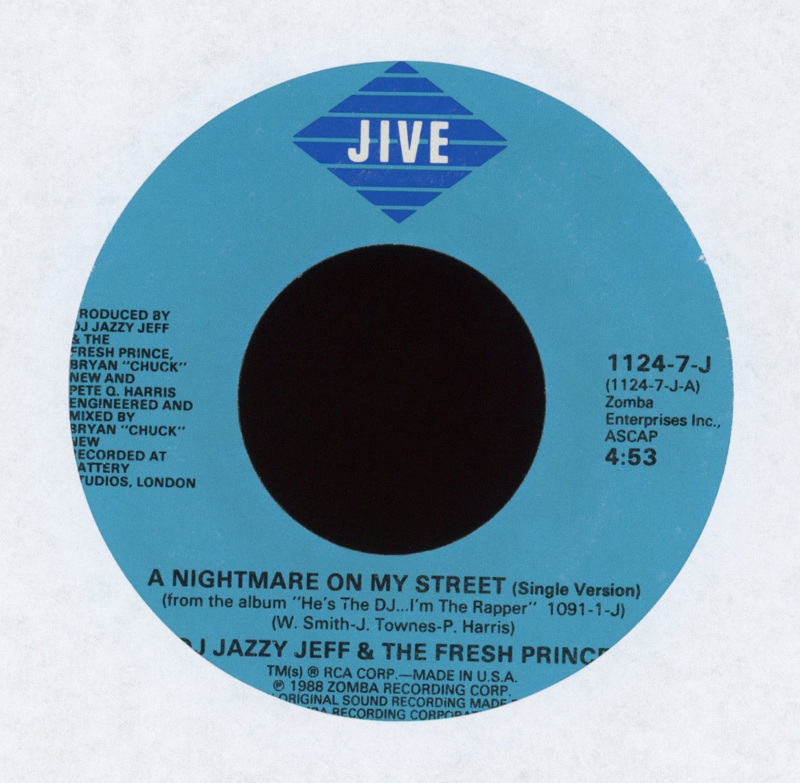 DJ Jazzy Jeff & The Fresh Prince - A Nightmare On My Street on Jive With Picture Sleeve
