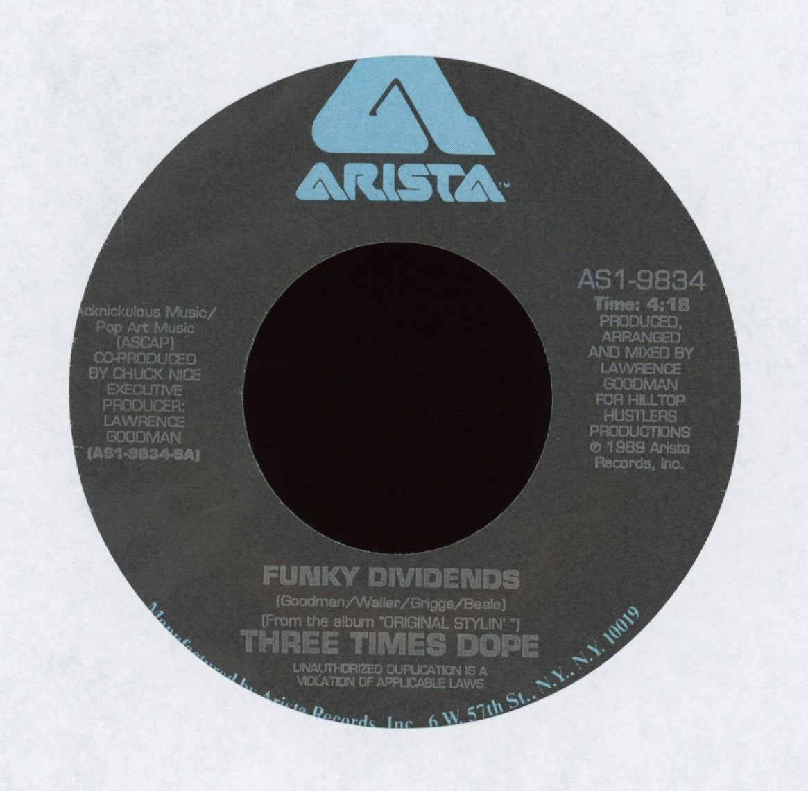 Three Times Dope - Funky Dividends on Arista With Picture Sleeve