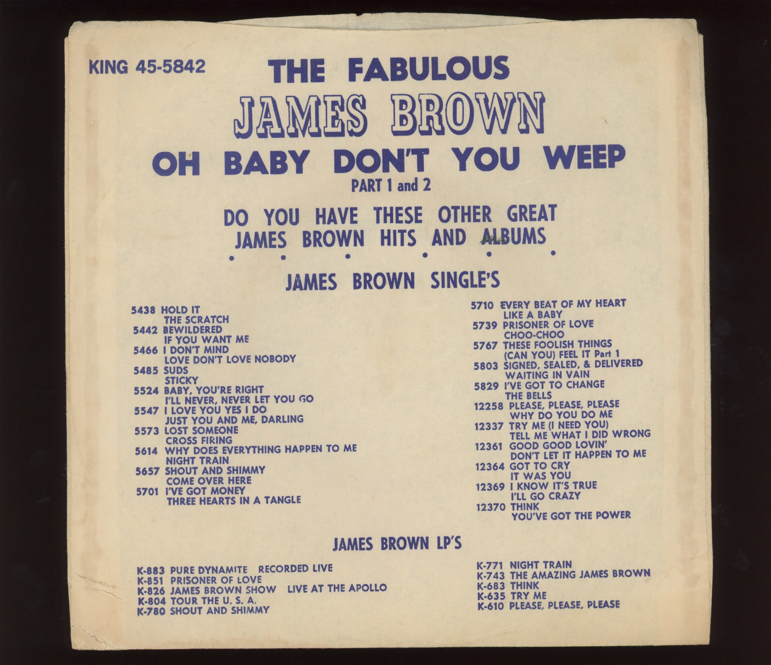 James Brown & The Famous Flames - Oh Baby Don't You Weep with Picture Sleeve